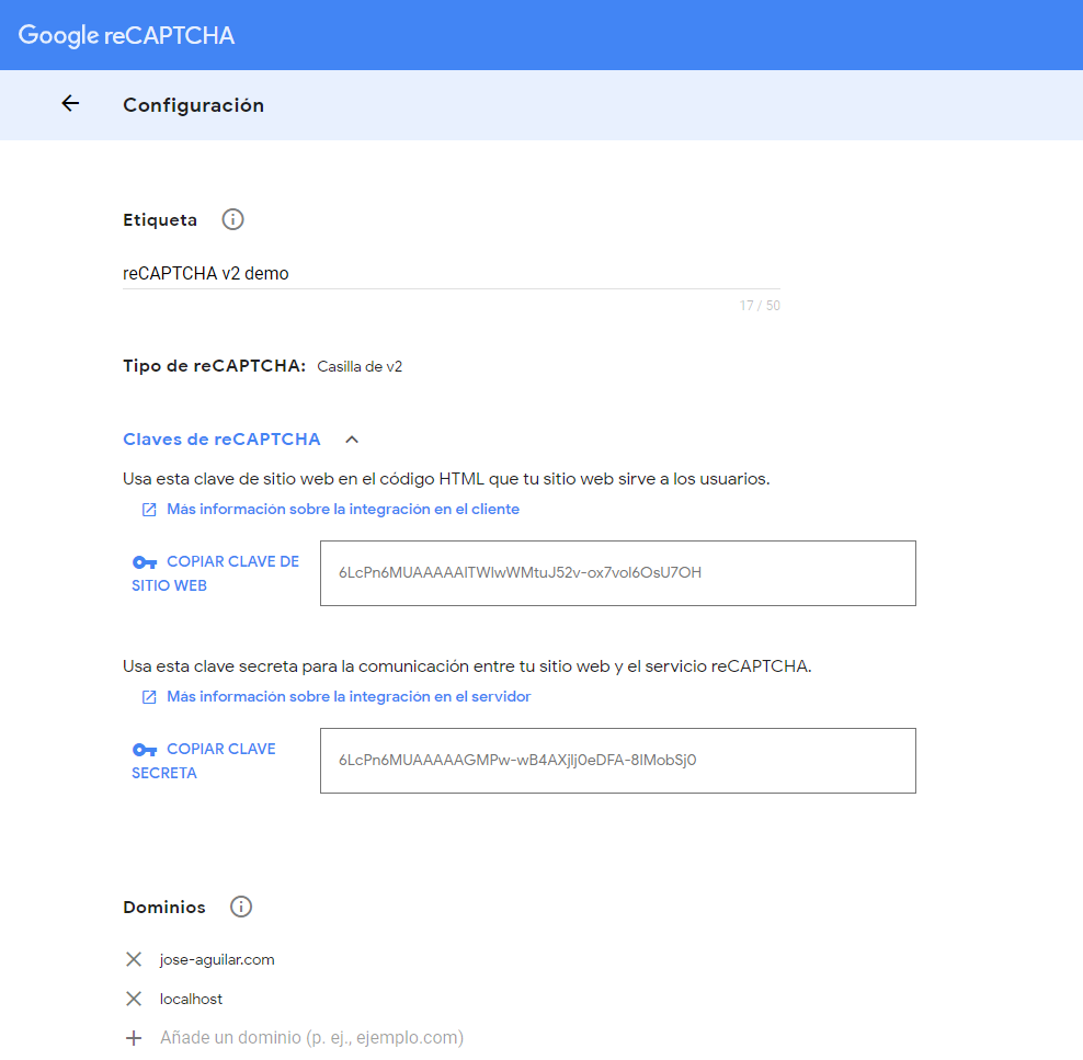 Google reCAPTCHAformulario de creación de las claves